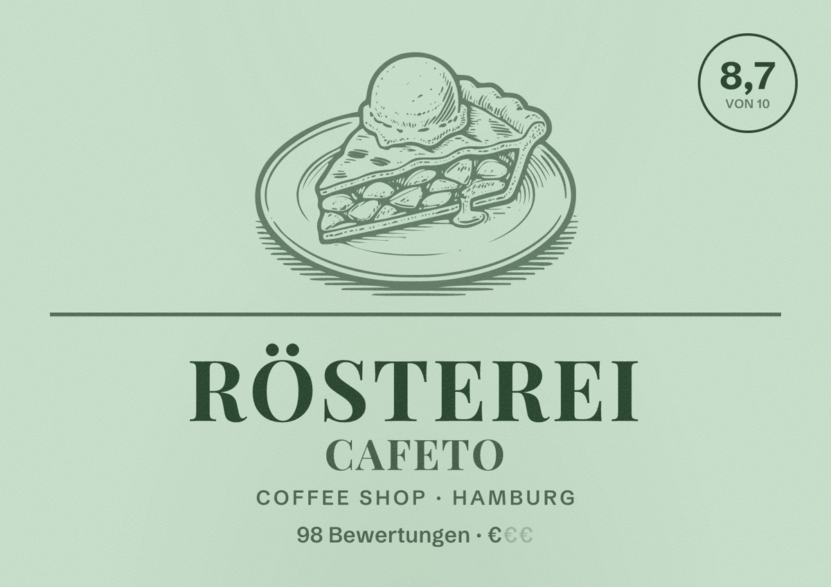 Illustriertes Poster von Rösterei Cafeto, Coffee Shop in Hamburg: Bewertung 8,7 von 10 aus 98 Bewertungen, Preisniveau €