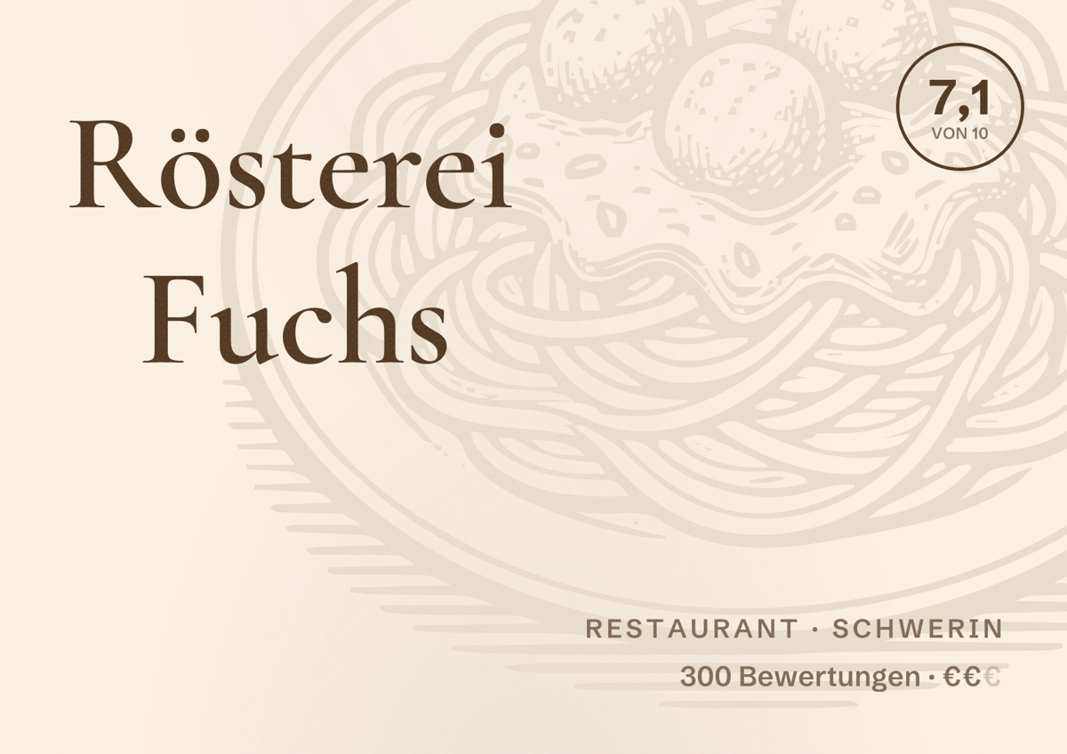Illustriertes Poster von Rösterei Fuchs, Restaurant in Schwerin: Bewertung 7,1 von 10 aus 300 Bewertungen, Preisniveau €€