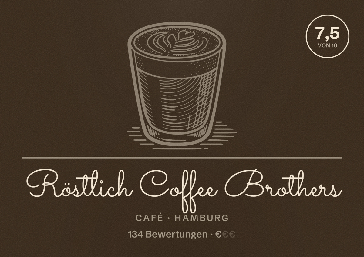 Illustriertes Poster von Röstlich Coffee Brothers, Café in Hamburg: Bewertung 7,5 von 10 aus 134 Bewertungen, Preisniveau €