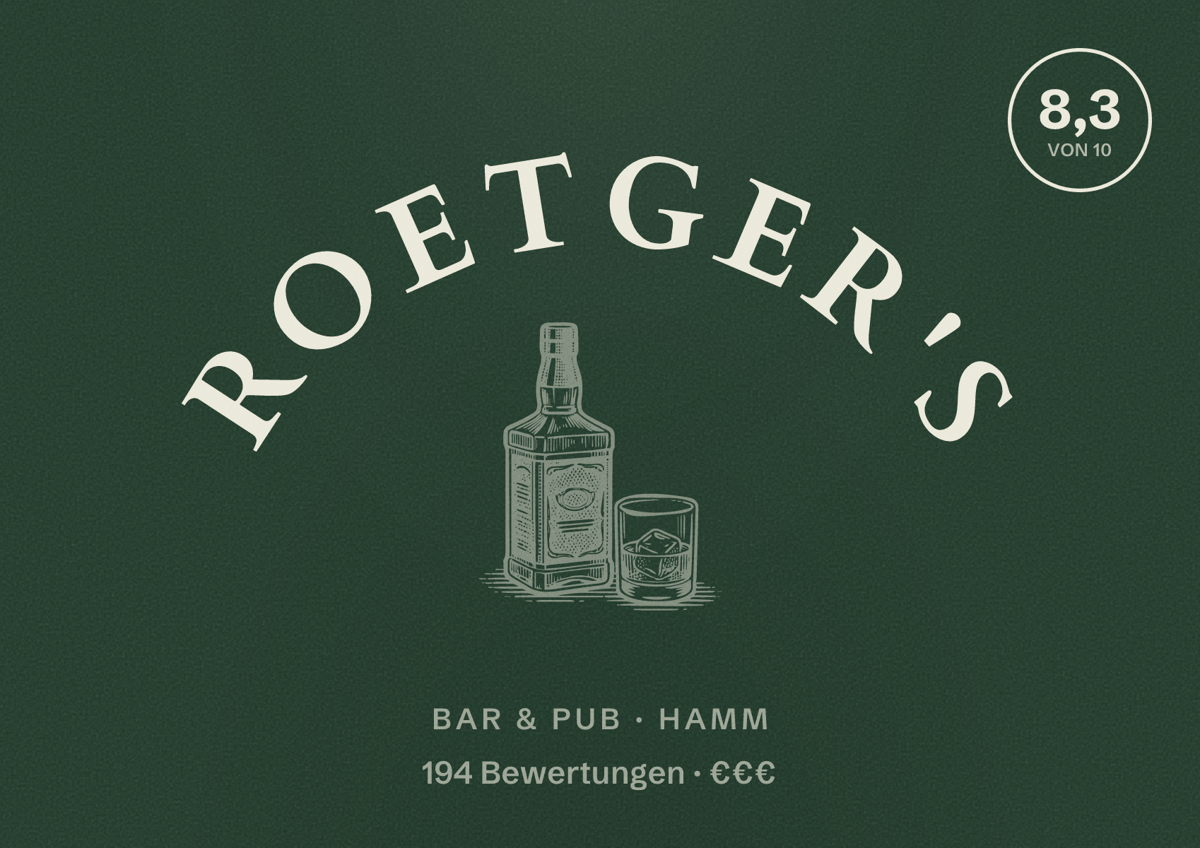 Illustriertes Poster von Roetger's, Bar & Pub in Hamm: Bewertung 8,3 von 10 aus 194 Bewertungen, Preisniveau €€€