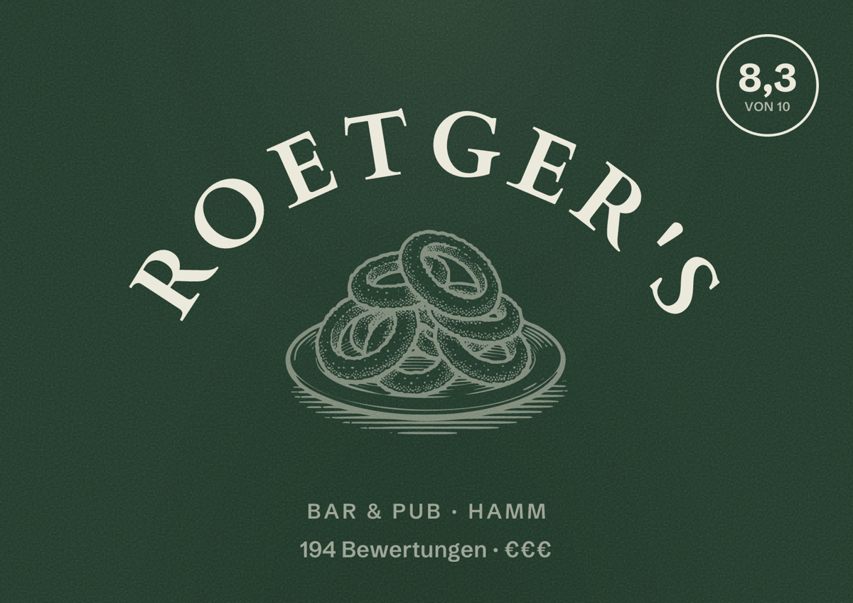 Illustriertes Poster von Roetger's, Bar & Pub in Hamm: Bewertung 8,3 von 10 aus 194 Bewertungen, Preisniveau €€€