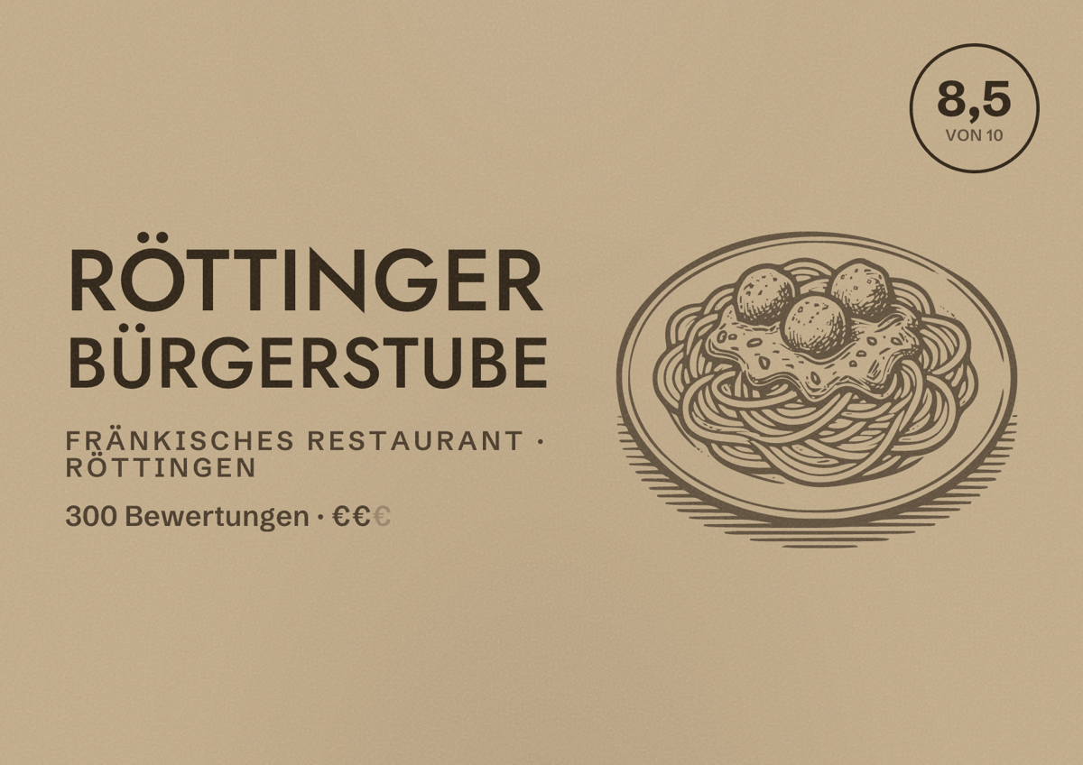 Illustriertes Poster von Röttinger Bürgerstube, Fränkisches Restaurant in Röttingen: Bewertung 8,5 von 10 aus 300 Bewertungen, Preisniveau €€