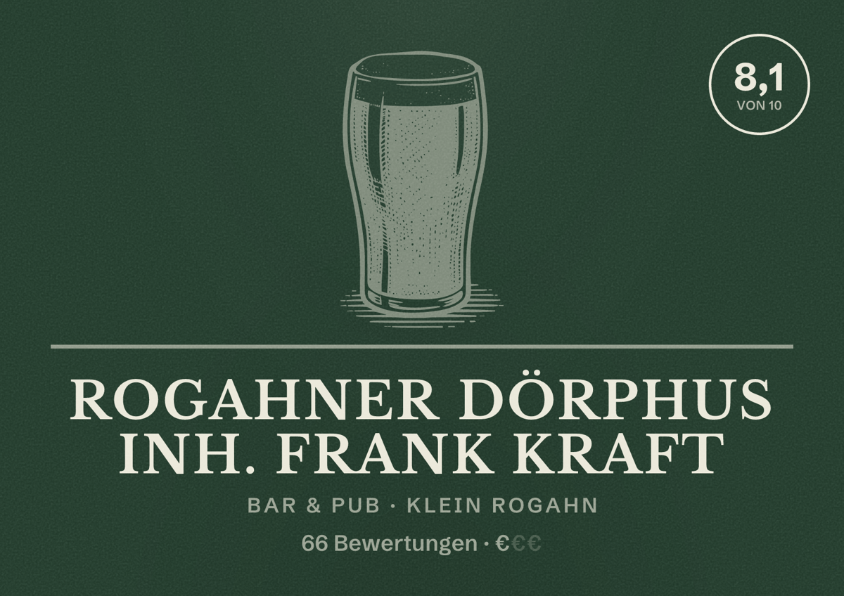 Illustriertes Poster von Rogahner Dörphus Inh. Frank Kraft, Bar & Pub in Klein Rogahn: Bewertung 8,1 von 10 aus 66 Bewertungen, Preisniveau €