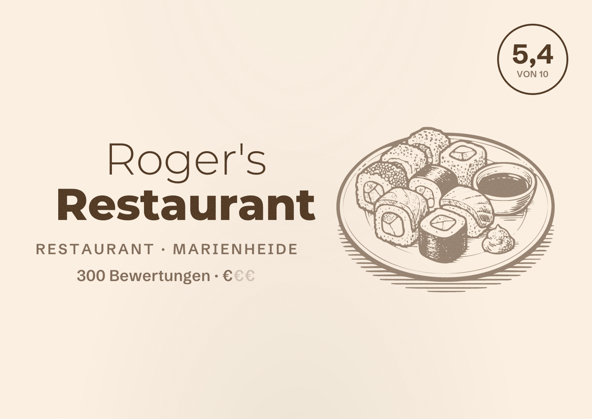 Illustriertes Poster von Roger's Restaurant, Restaurant in Marienheide: Bewertung 5,4 von 10 aus 300 Bewertungen, Preisniveau €