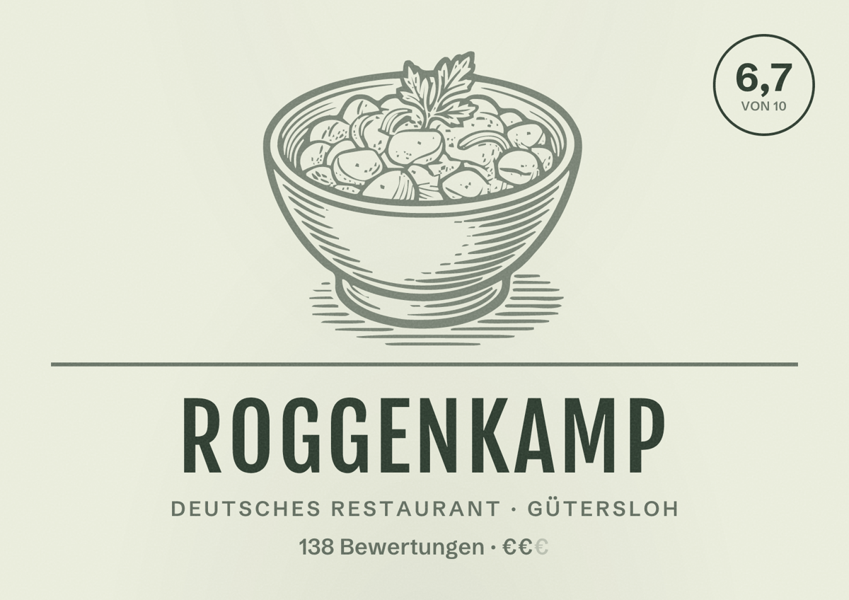 Illustriertes Poster von Roggenkamp, Deutsches Restaurant in Gütersloh: Bewertung 6,7 von 10 aus 138 Bewertungen, Preisniveau €€