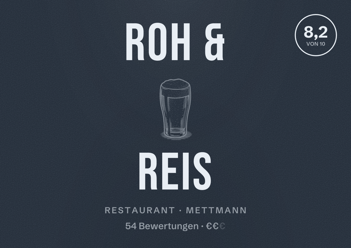 Illustriertes Poster von Roh & Reis, Restaurant in Mettmann: Bewertung 8,2 von 10 aus 54 Bewertungen, Preisniveau €€