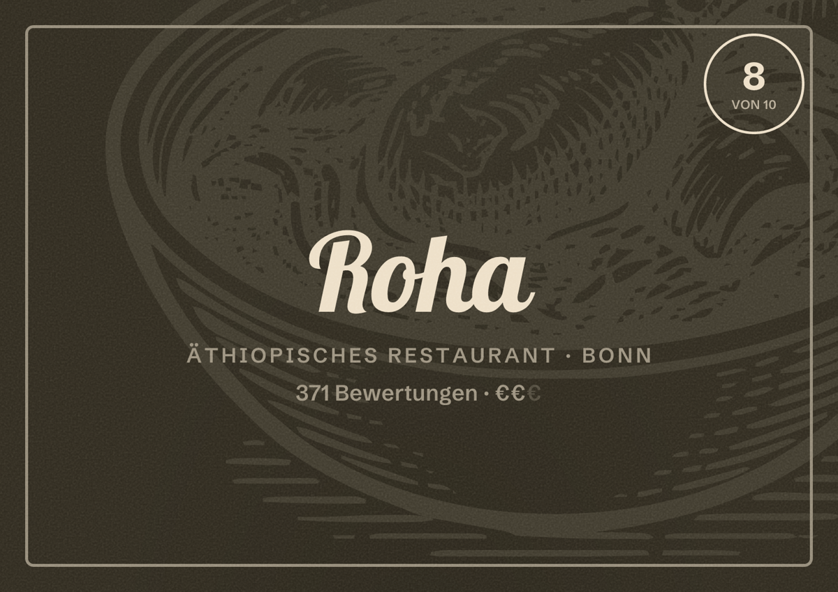 Illustriertes Poster von Roha, Äthiopisches Restaurant in Bonn: Bewertung 8 von 10 aus 371 Bewertungen, Preisniveau €€