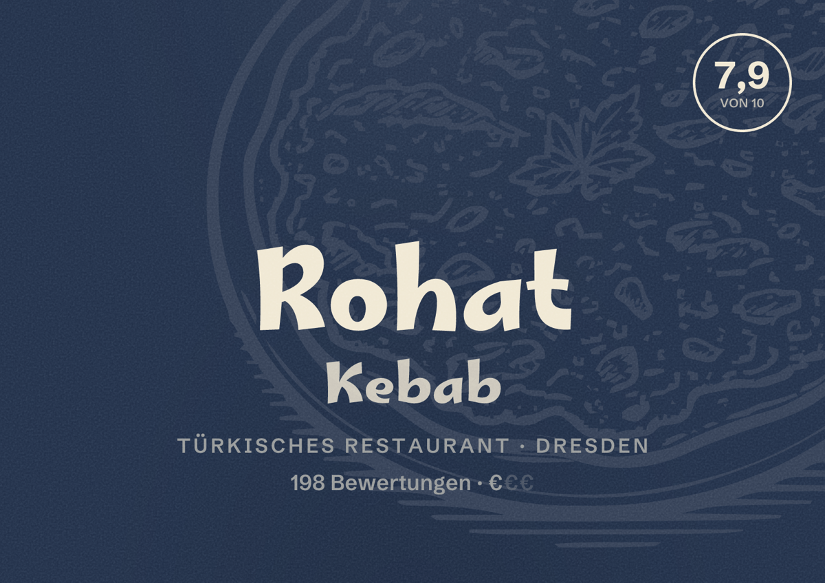 Illustriertes Poster von Rohat Kebab, Türkisches Restaurant in Dresden: Bewertung 7,9 von 10 aus 198 Bewertungen, Preisniveau €
