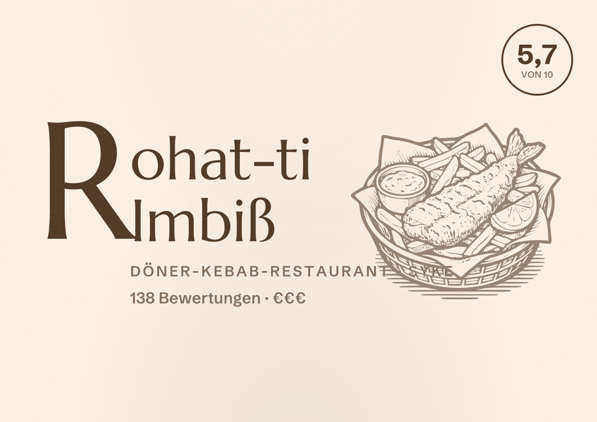 Illustriertes Poster von Rohat-ti Imbiß, Döner-Kebab-Restaurant in Syke: Bewertung 5,7 von 10 aus 138 Bewertungen, Preisniveau €€€