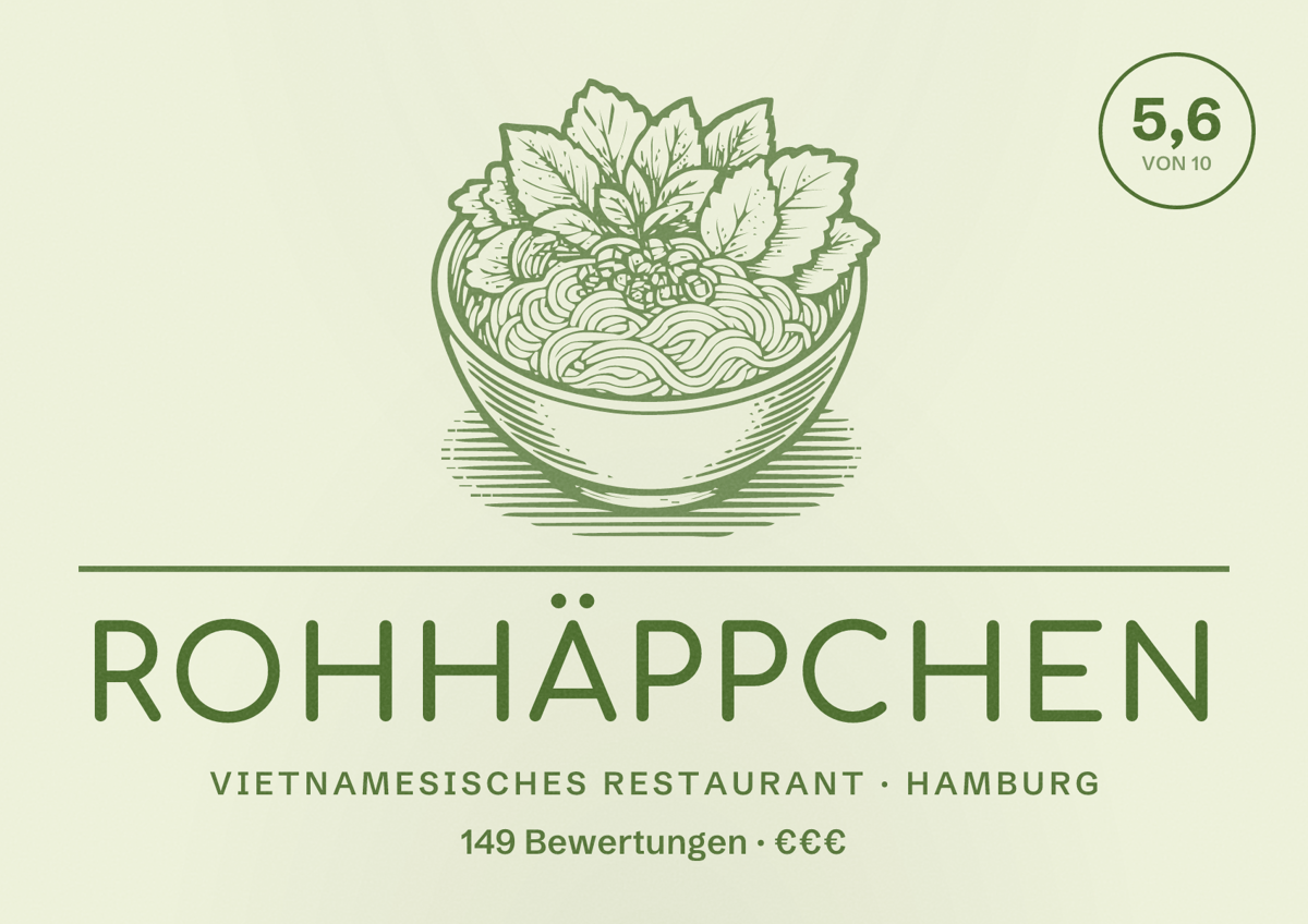 Illustriertes Poster von Rohhäppchen, Vietnamesisches Restaurant in Hamburg: Bewertung 5,6 von 10 aus 149 Bewertungen, Preisniveau €€€