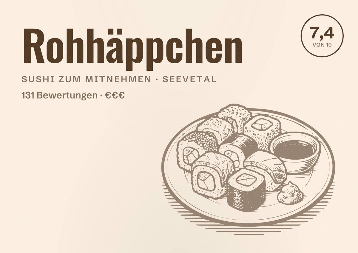 Illustriertes Poster von Rohhäppchen, Sushi zum Mitnehmen in Seevetal: Bewertung 7,4 von 10 aus 131 Bewertungen, Preisniveau €€€