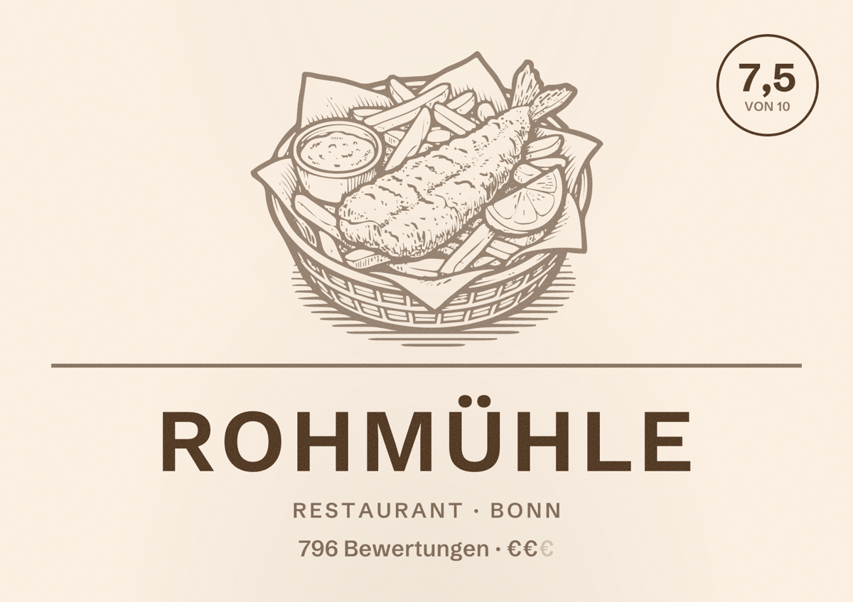 Illustriertes Poster von Rohmühle, Restaurant in Bonn: Bewertung 7,5 von 10 aus 796 Bewertungen, Preisniveau €€