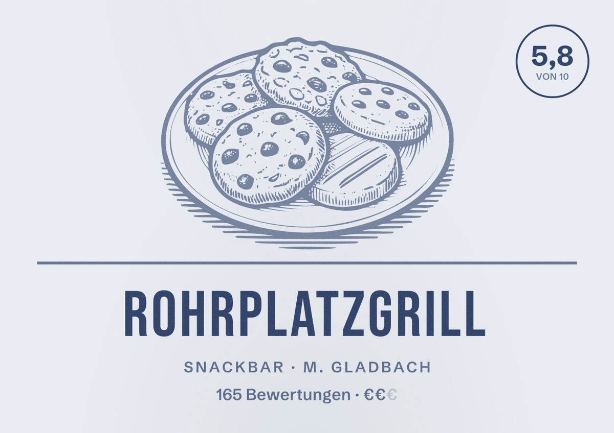 Illustriertes Poster von Rohrplatzgrill, Snackbar in M. Gladbach: Bewertung 5,8 von 10 aus 165 Bewertungen, Preisniveau €€