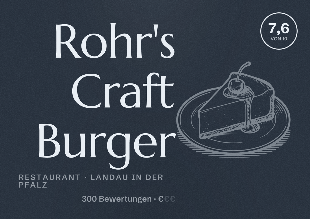 Illustriertes Poster von Rohr's Craft Burger, Restaurant in Landau in der Pfalz: Bewertung 7,6 von 10 aus 300 Bewertungen, Preisniveau €