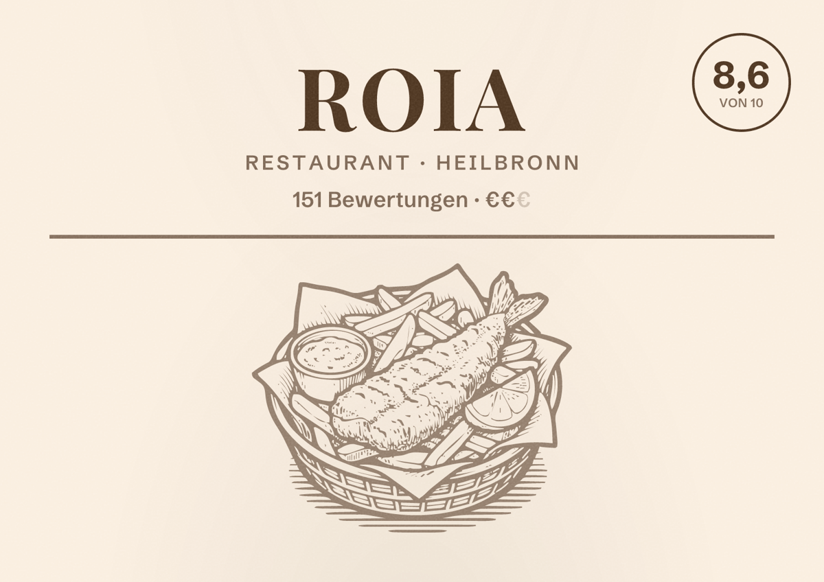 Illustriertes Poster von roia, Restaurant in Heilbronn: Bewertung 8,6 von 10 aus 151 Bewertungen, Preisniveau €€