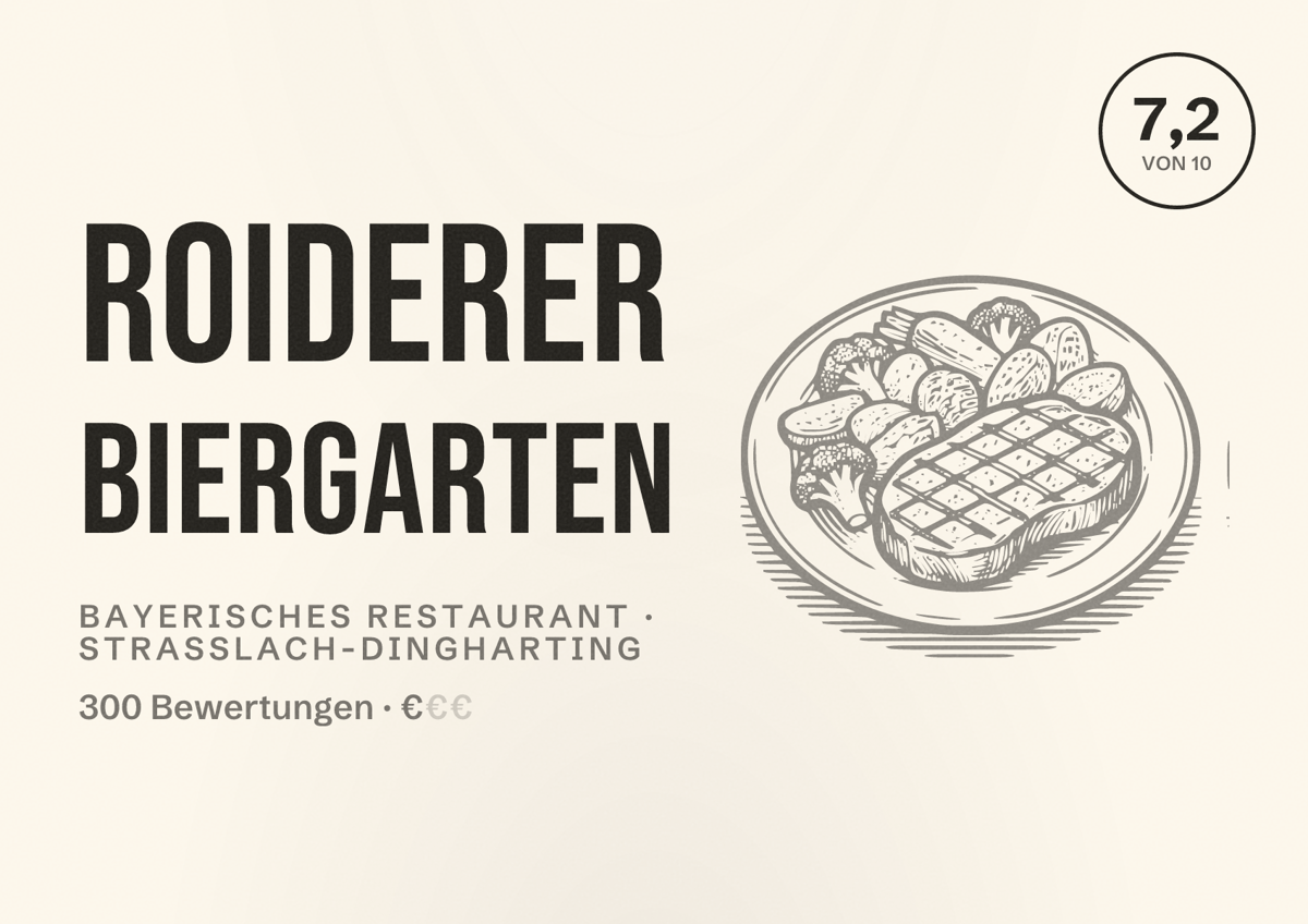 Illustriertes Poster von Roiderer Biergarten, Bayerisches Restaurant in Straßlach-Dingharting: Bewertung 7,2 von 10 aus 300 Bewertungen, Preisniveau €