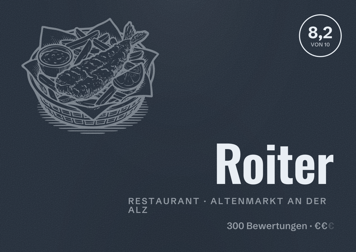 Illustriertes Poster von Roiter, Restaurant in Altenmarkt an der Alz: Bewertung 8,2 von 10 aus 300 Bewertungen, Preisniveau €€
