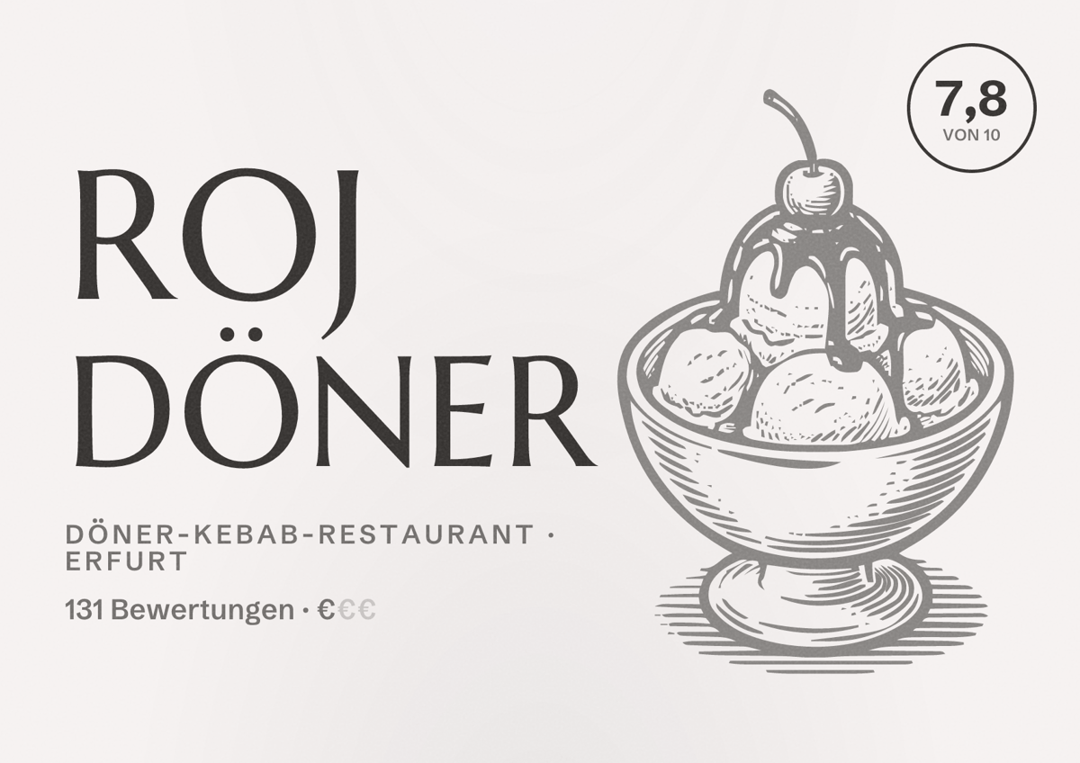 Illustriertes Poster von ROJ Döner, Döner-Kebab-Restaurant in Erfurt: Bewertung 7,8 von 10 aus 131 Bewertungen, Preisniveau €