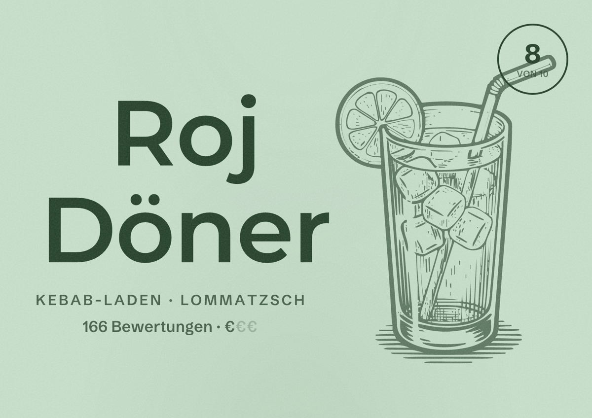Illustriertes Poster von Roj Döner, Kebab-Laden in Lommatzsch: Bewertung 8 von 10 aus 166 Bewertungen, Preisniveau €
