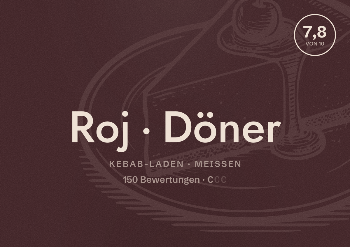 Illustriertes Poster von Roj Döner, Kebab-Laden in Meißen: Bewertung 7,8 von 10 aus 150 Bewertungen, Preisniveau €