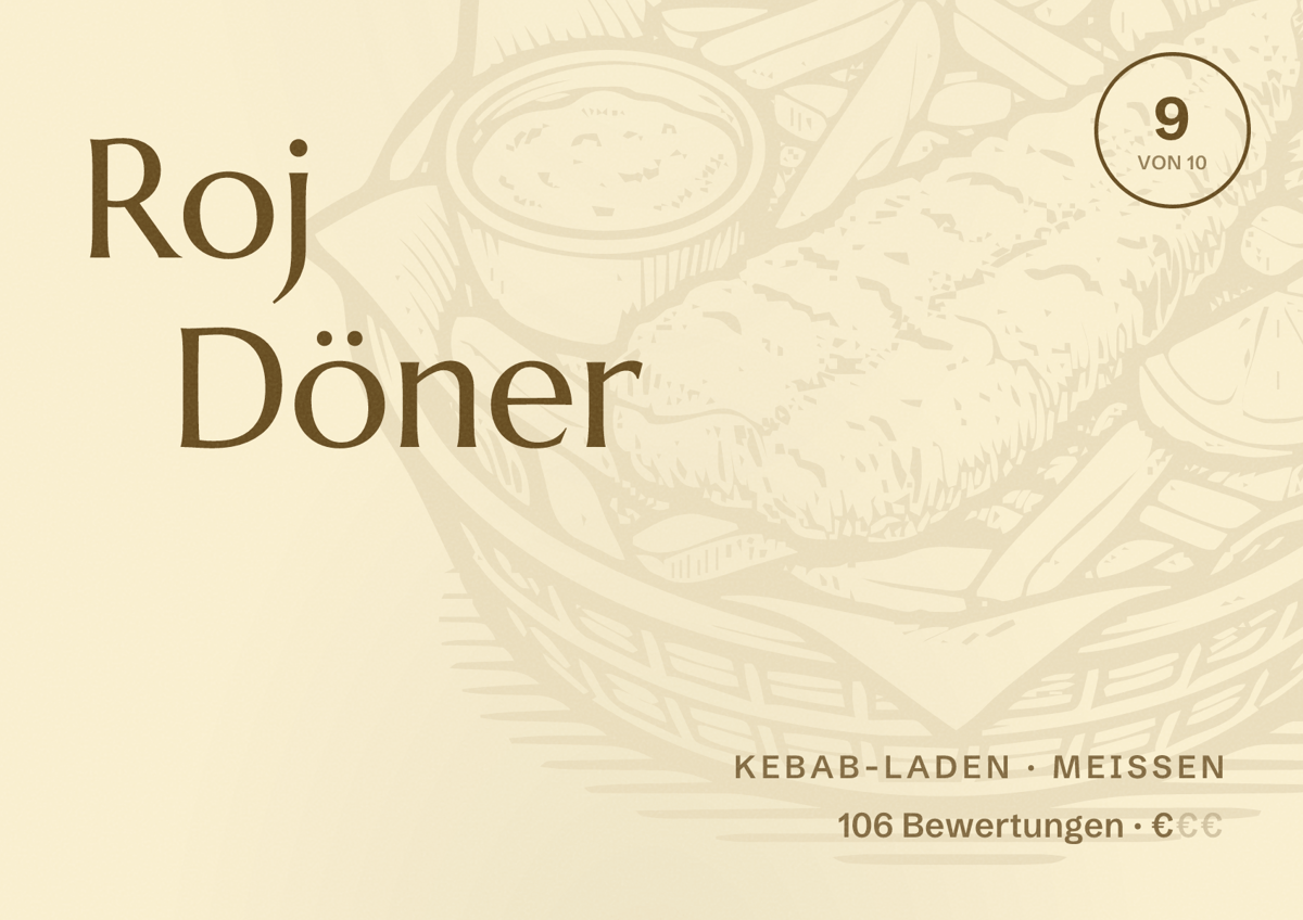 Illustriertes Poster von Roj Döner, Kebab-Laden in Meißen: Bewertung 9 von 10 aus 106 Bewertungen, Preisniveau €