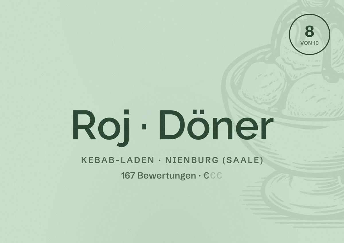 Illustriertes Poster von Roj Döner, Kebab-Laden in Nienburg (Saale): Bewertung 8 von 10 aus 167 Bewertungen, Preisniveau €
