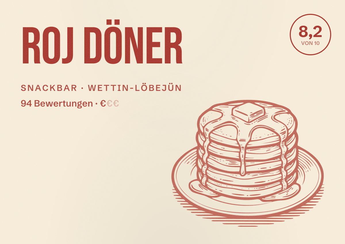Illustriertes Poster von Roj Döner, Snackbar in Wettin-Löbejün: Bewertung 8,2 von 10 aus 94 Bewertungen, Preisniveau €