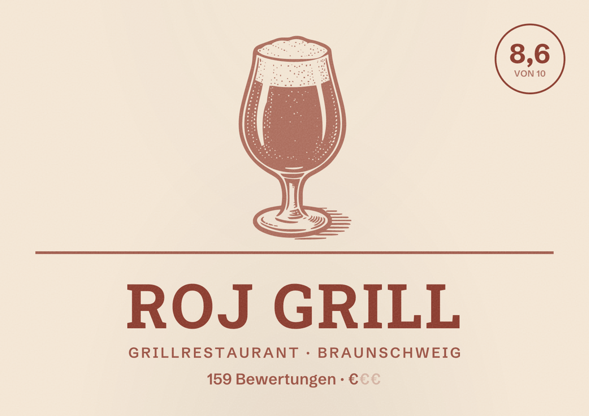Illustriertes Poster von Roj Grill, Grillrestaurant in Braunschweig: Bewertung 8,6 von 10 aus 159 Bewertungen, Preisniveau €