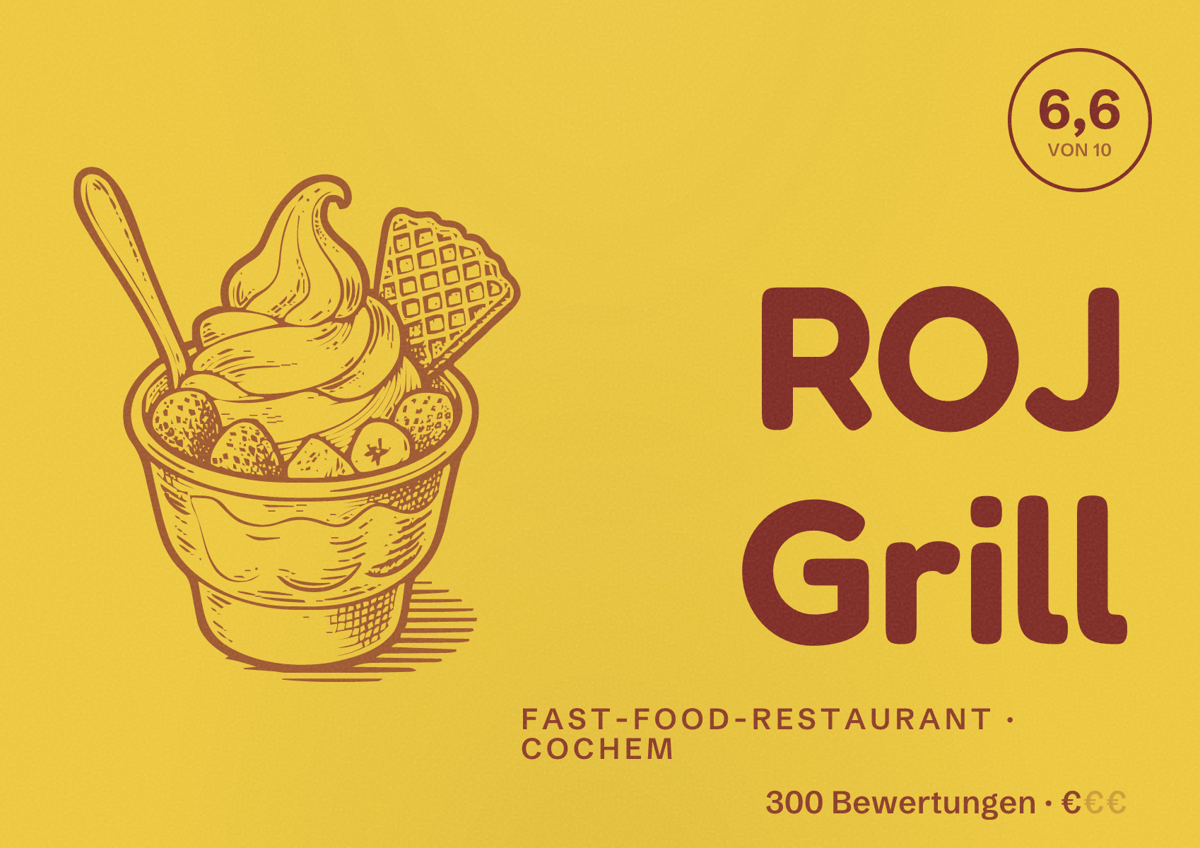 Illustriertes Poster von ROJ Grill, Fast-Food-Restaurant in Cochem: Bewertung 6,6 von 10 aus 300 Bewertungen, Preisniveau €