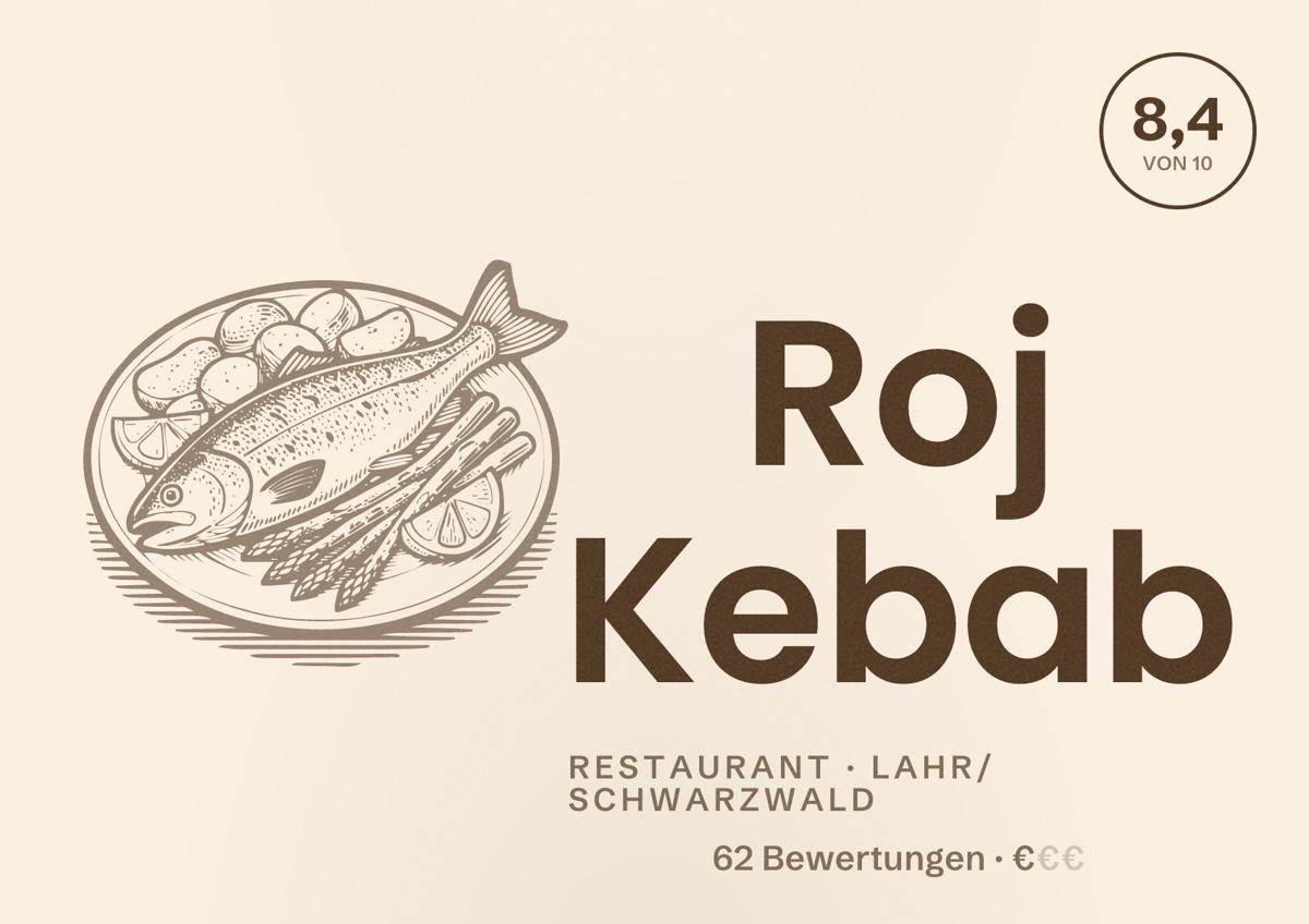 Illustriertes Poster von Roj Kebab, Restaurant in Lahr/Schwarzwald: Bewertung 8,4 von 10 aus 62 Bewertungen, Preisniveau €