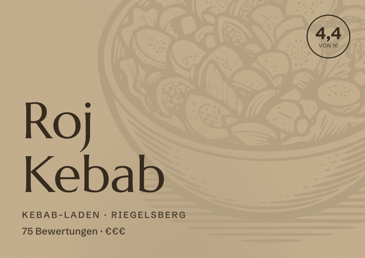 Illustriertes Poster von Roj Kebab, Kebab-Laden in Riegelsberg: Bewertung 4,4 von 10 aus 75 Bewertungen, Preisniveau €€€