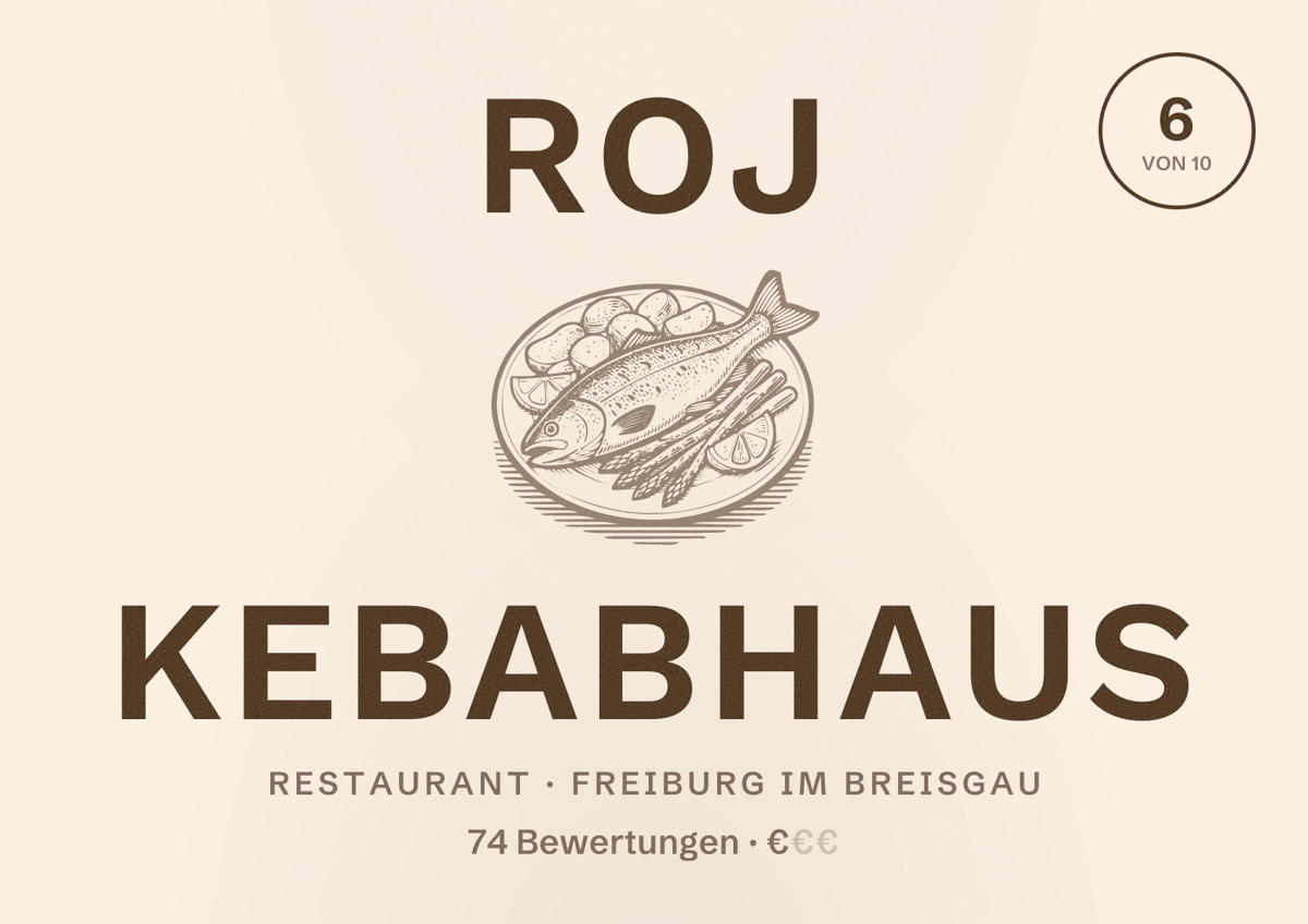 Illustriertes Poster von Roj Kebabhaus, Restaurant in Freiburg im Breisgau: Bewertung 6,0 von 10 aus 74 Bewertungen, Preisniveau €