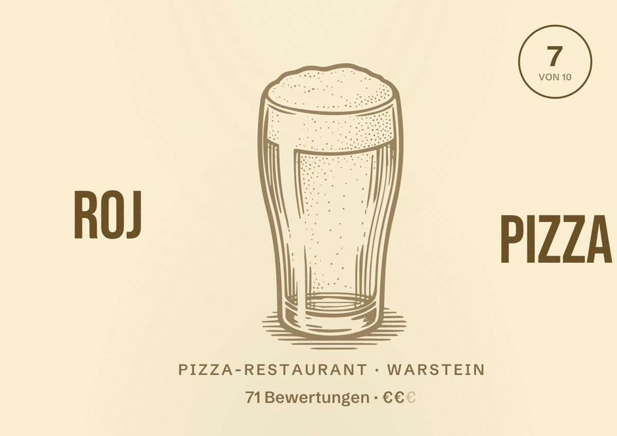 Illustriertes Poster von ROJ PIZZA, Pizza-Restaurant in Warstein: Bewertung 7 von 10 aus 71 Bewertungen, Preisniveau €€