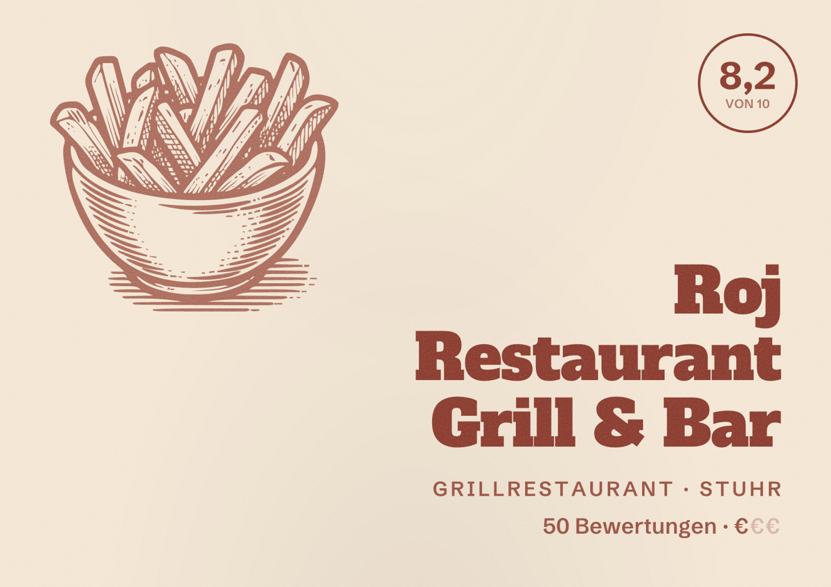 Illustriertes Poster von Roj Restaurant Grill & Bar, Grillrestaurant in Stuhr: Bewertung 8,2 von 10 aus 50 Bewertungen, Preisniveau €