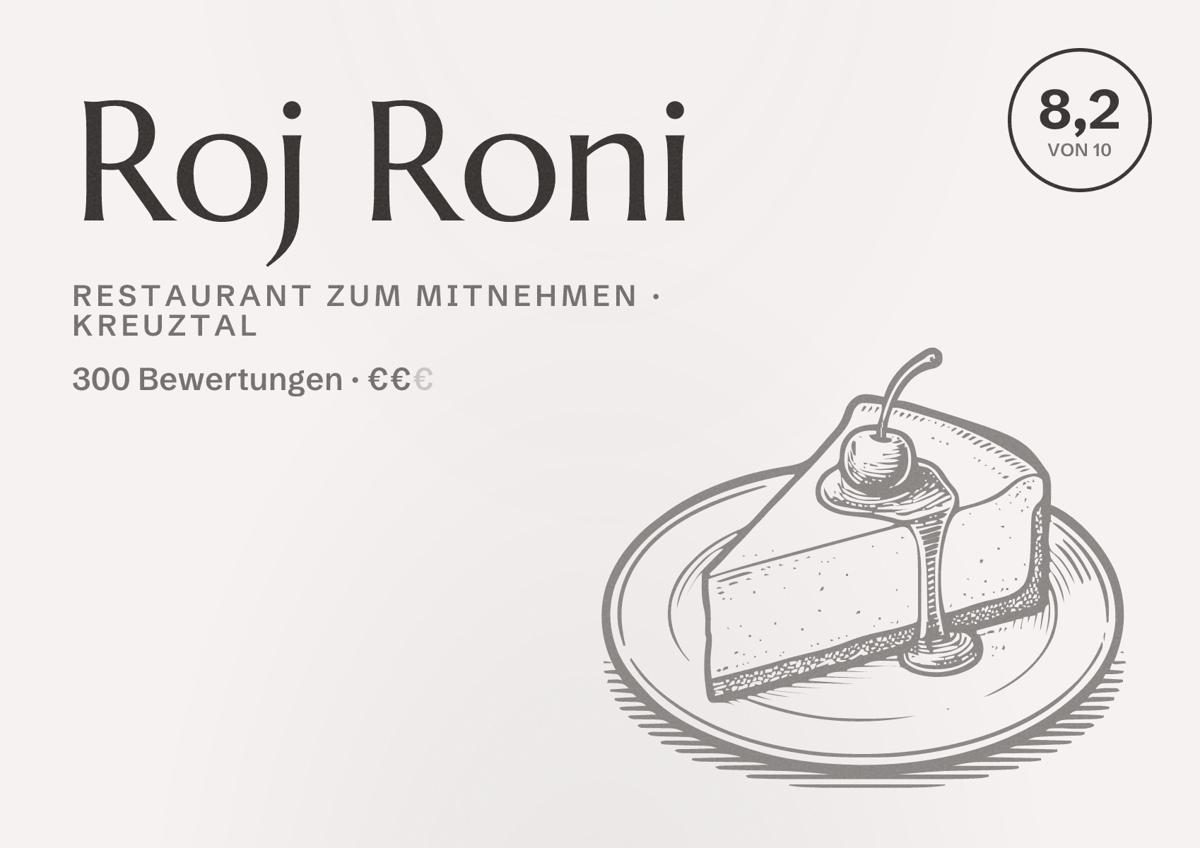 Illustriertes Poster von Roj Roni, Restaurant zum Mitnehmen in Kreuztal: Bewertung 8,2 von 10 aus 300 Bewertungen, Preisniveau €€