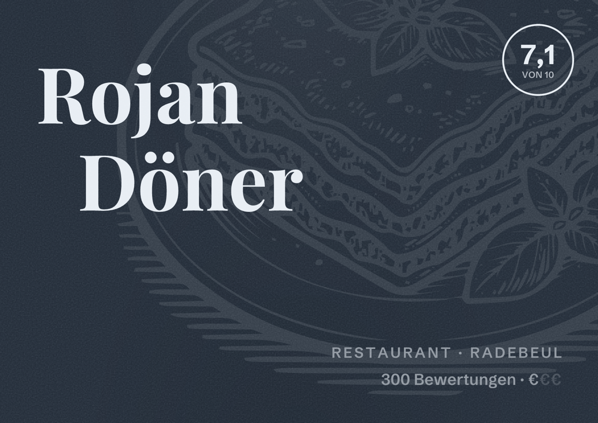 Illustriertes Poster von Rojan Döner, Restaurant in Radebeul: Bewertung 7,1 von 10 aus 300 Bewertungen, Preisniveau €