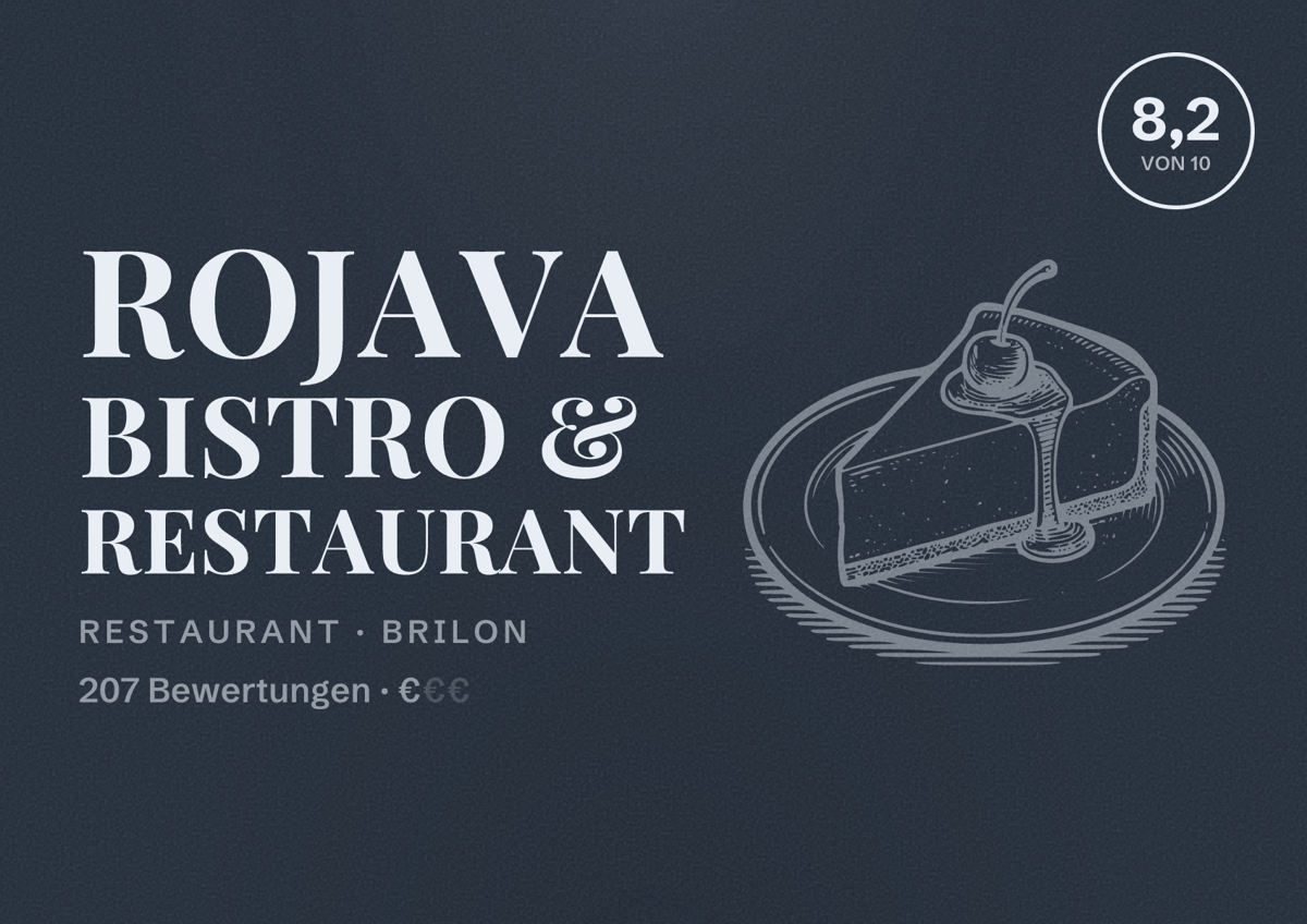 Illustriertes Poster von Rojava Bistro & Restaurant, Restaurant in Brilon: Bewertung 8,2 von 10 aus 207 Bewertungen, Preisniveau €