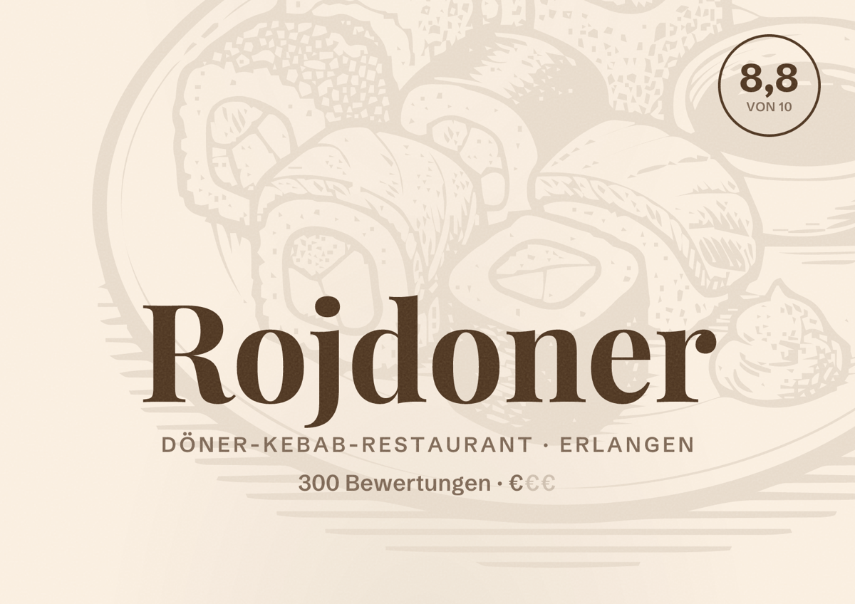 Illustriertes Poster von Rojdoner, Döner-Kebab-Restaurant in Erlangen: Bewertung 8,8 von 10 aus 300 Bewertungen, Preisniveau €