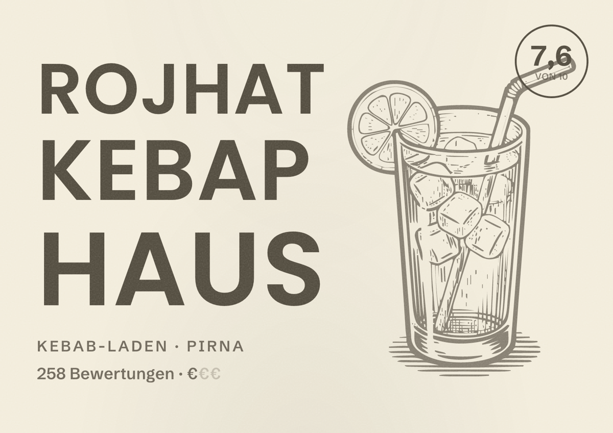 Illustriertes Poster von Rojhat Kebap Haus, Kebab-Laden in Pirna: Bewertung 7,6 von 10 aus 258 Bewertungen, Preisniveau €