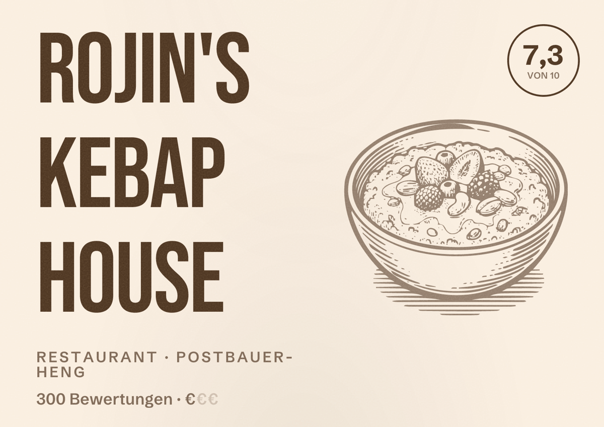 Illustriertes Poster von Rojin's Kebap House, Restaurant in Postbauer-Heng: Bewertung 7,3 von 10 aus 300 Bewertungen, Preisniveau €