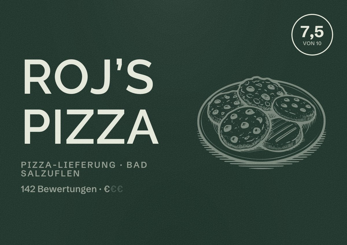 Illustriertes Poster von Roj’s Pizza, Pizza-Lieferung in Bad Salzuflen: Bewertung 7,5 von 10 aus 142 Bewertungen, Preisniveau €