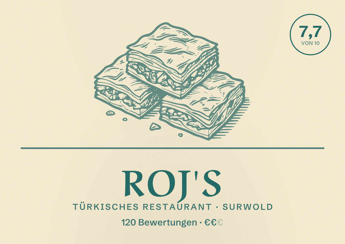 Illustriertes Poster von Roj's, Türkisches Restaurant in Surwold: Bewertung 7,7 von 10 aus 120 Bewertungen, Preisniveau €€