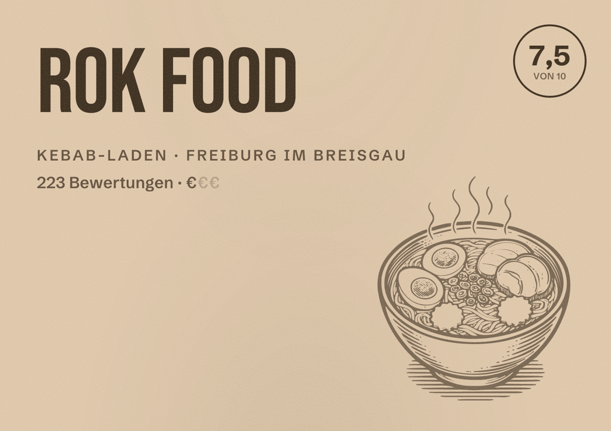 Illustriertes Poster von Rok Food, Kebab-Laden in Freiburg im Breisgau: Bewertung 7,5 von 10 aus 223 Bewertungen, Preisniveau €