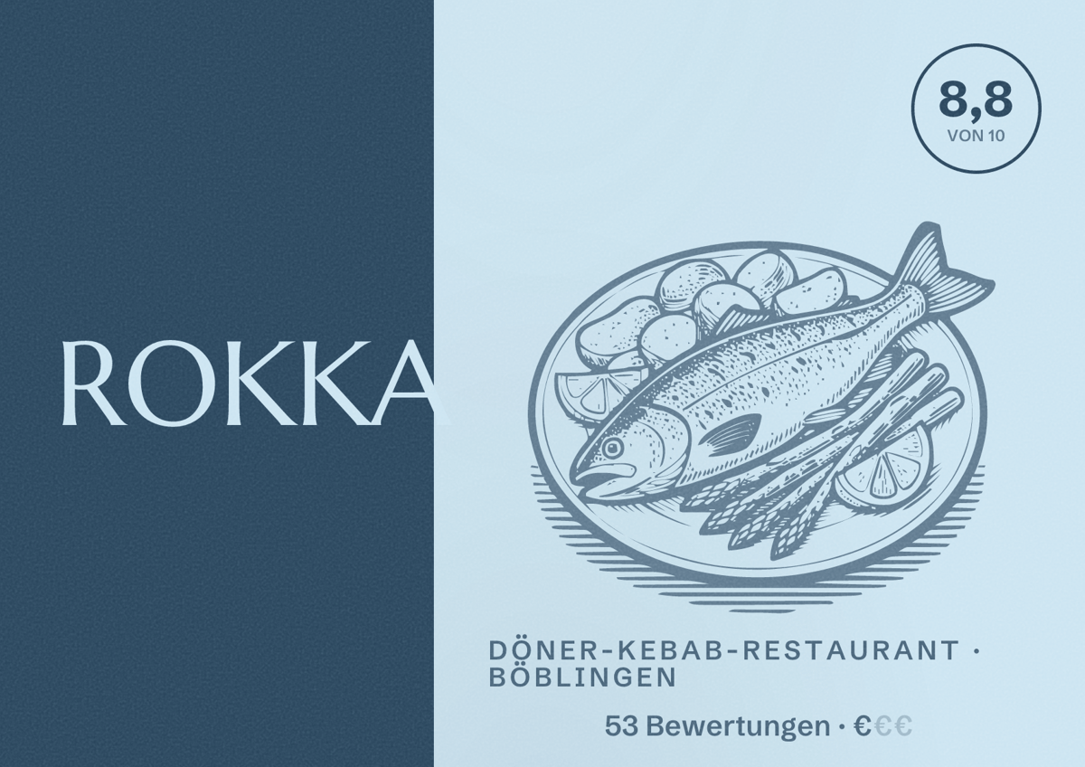 Illustriertes Poster von ROKKA, Döner-Kebab-Restaurant in Böblingen: Bewertung 8,8 von 10 aus 53 Bewertungen, Preisniveau €