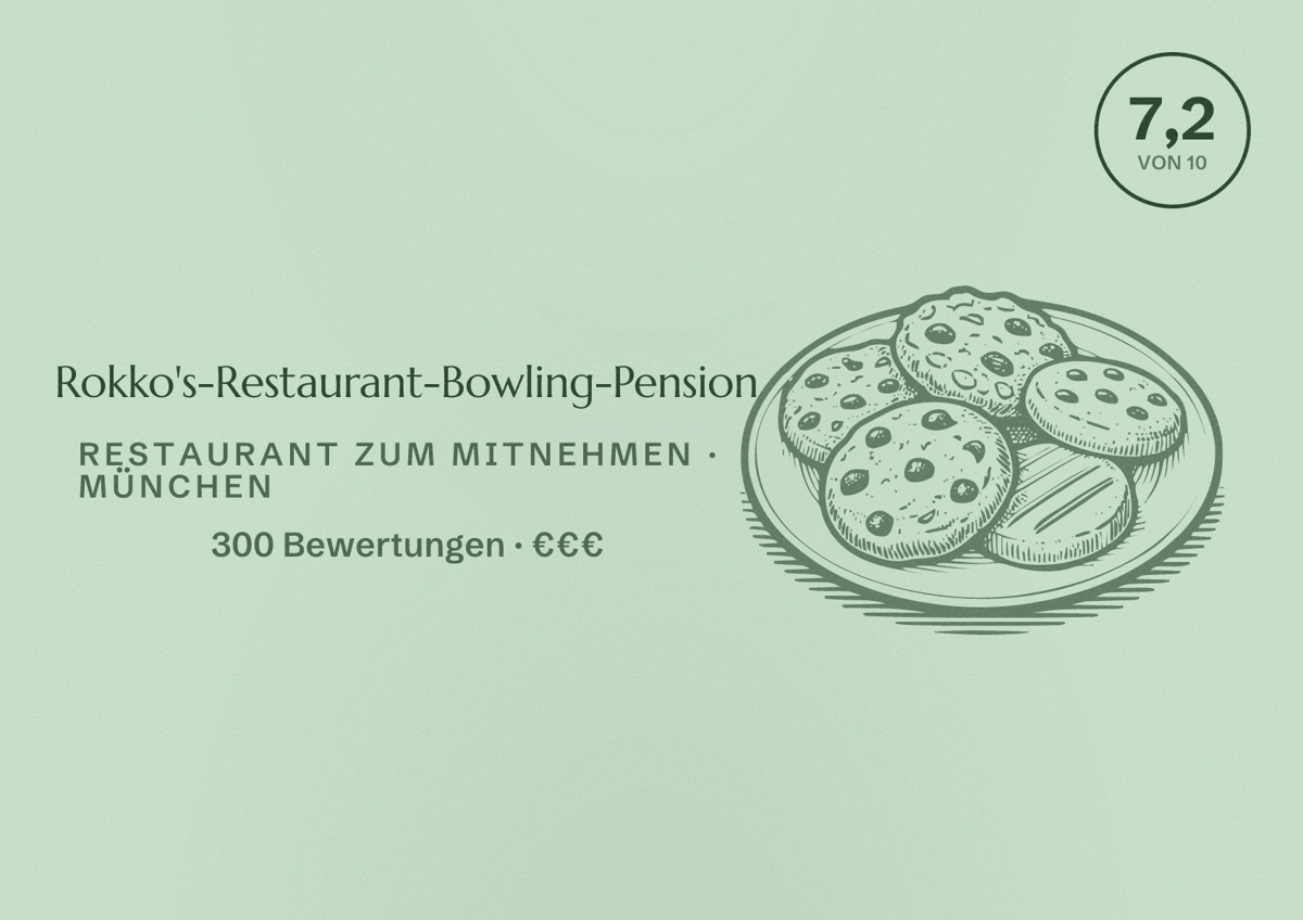 Illustriertes Poster von Rokko's-Restaurant-Bowling-Pension, Restaurant zum Mitnehmen in München: Bewertung 7,2 von 10 aus 300 Bewertungen, Preisniveau €€€