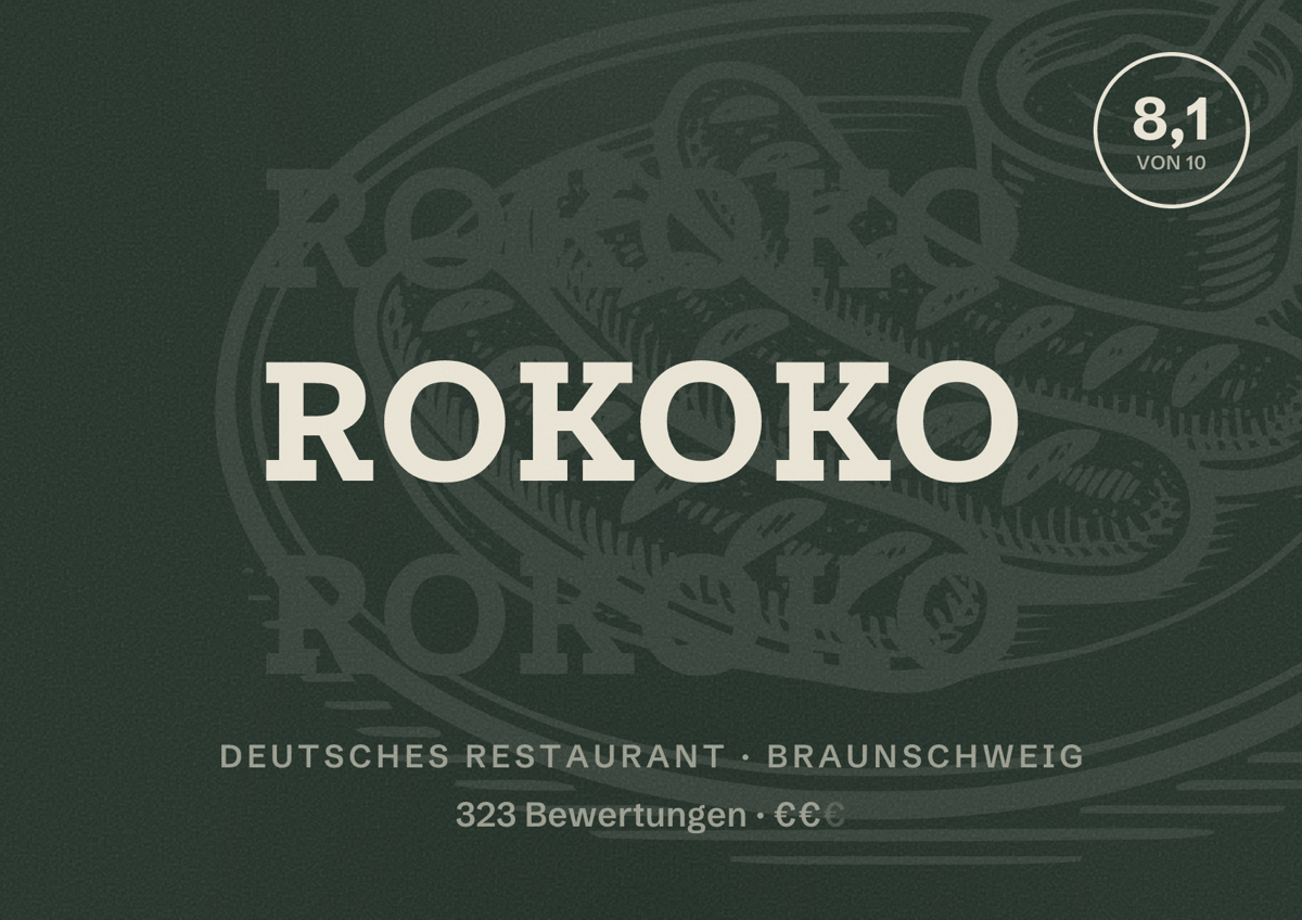 Illustriertes Poster von Rokoko, Deutsches Restaurant in Braunschweig: Bewertung 8,1 von 10 aus 323 Bewertungen, Preisniveau €€