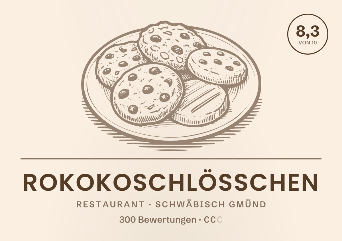 Illustriertes Poster von Rokokoschlösschen, Restaurant in Schwäbisch Gmünd: Bewertung 8,3 von 10 aus 300 Bewertungen, Preisniveau €€