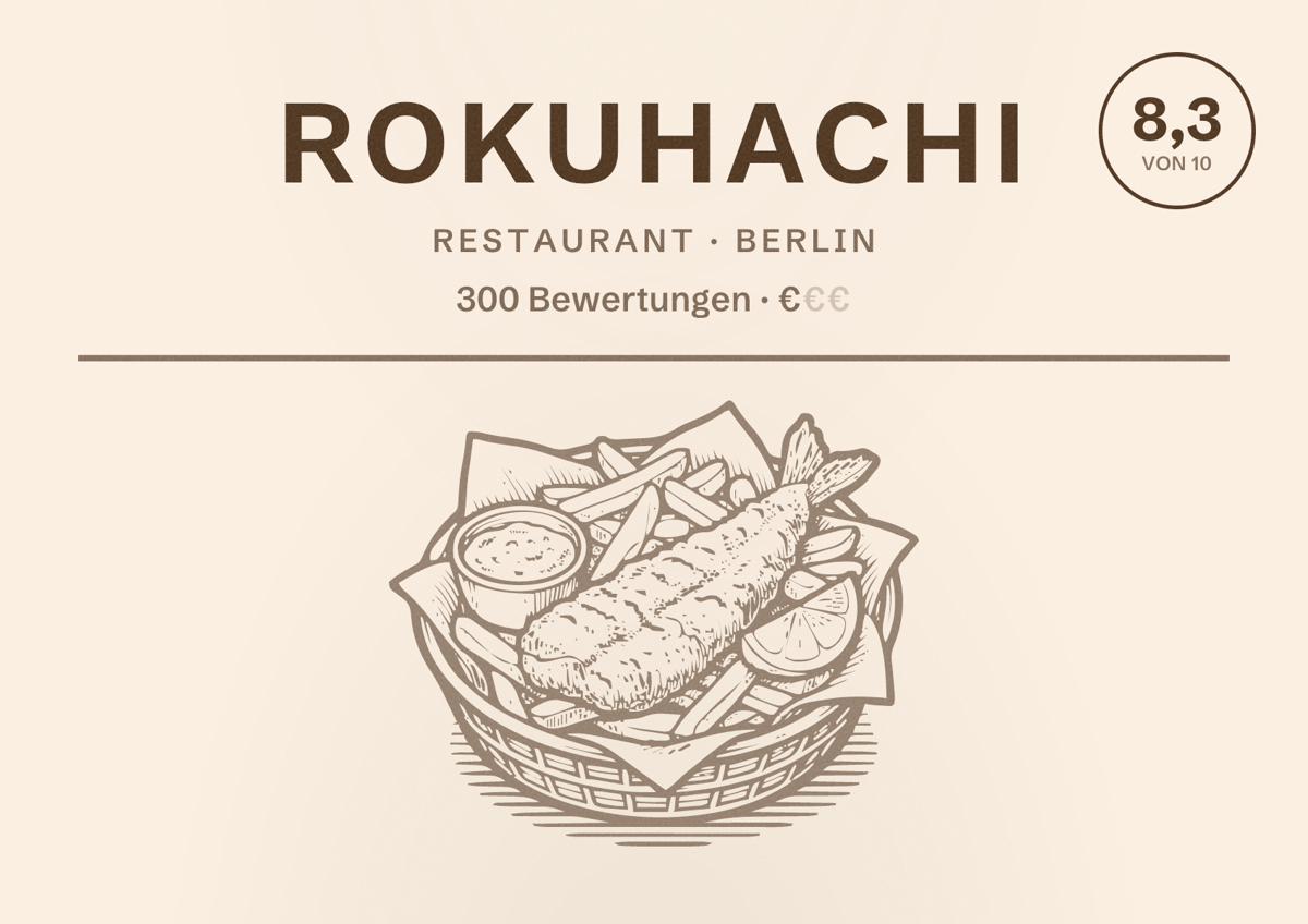 Illustriertes Poster von RokuHachi, Restaurant in Berlin: Bewertung 8,3 von 10 aus 300 Bewertungen, Preisniveau €