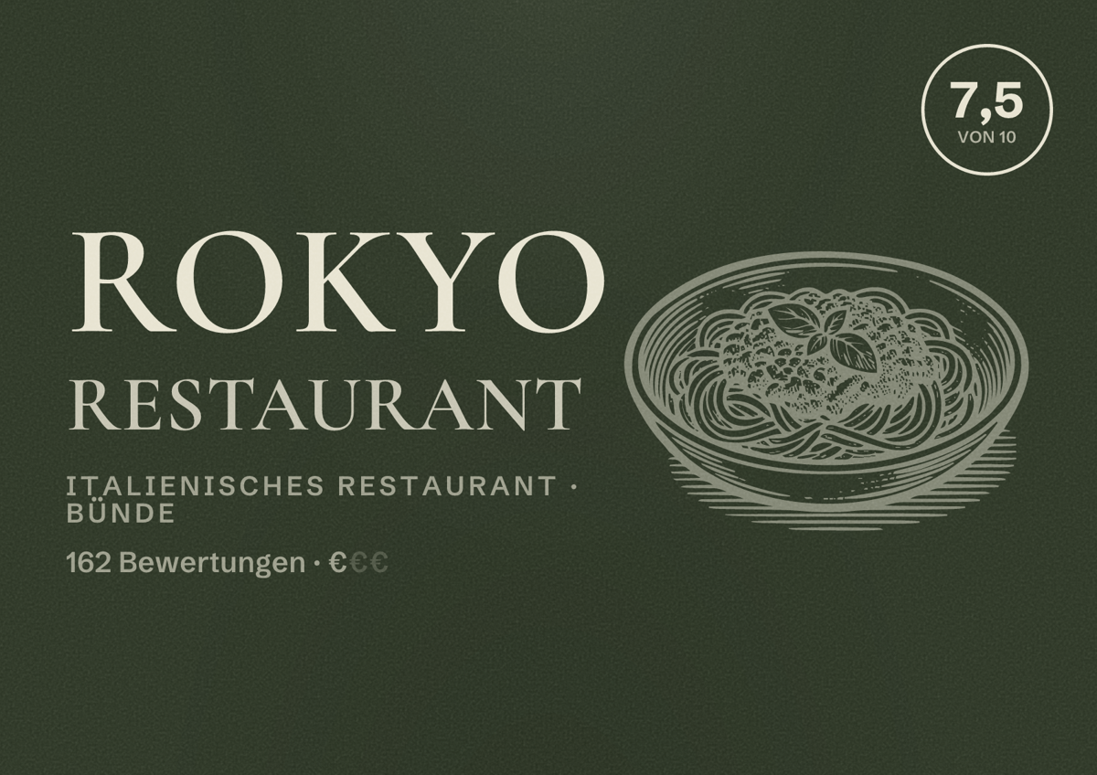 Illustriertes Poster von Rokyo Restaurant, Italienisches Restaurant in Bünde: Bewertung 7,5 von 10 aus 162 Bewertungen, Preisniveau €