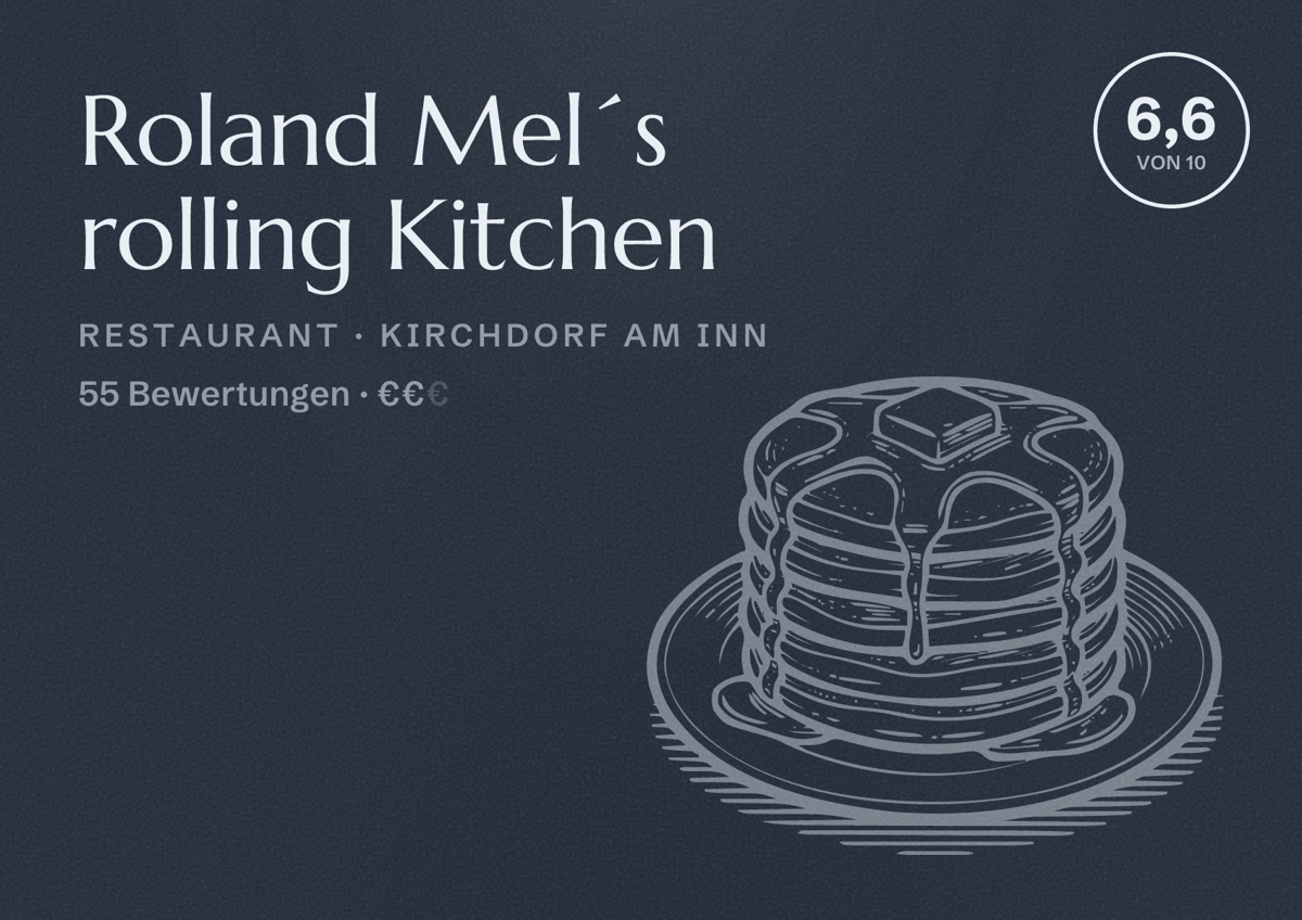 Illustriertes Poster von Roland Mel´s rolling Kitchen, Restaurant in Kirchdorf am Inn: Bewertung 6,6 von 10 aus 55 Bewertungen, Preisniveau €€